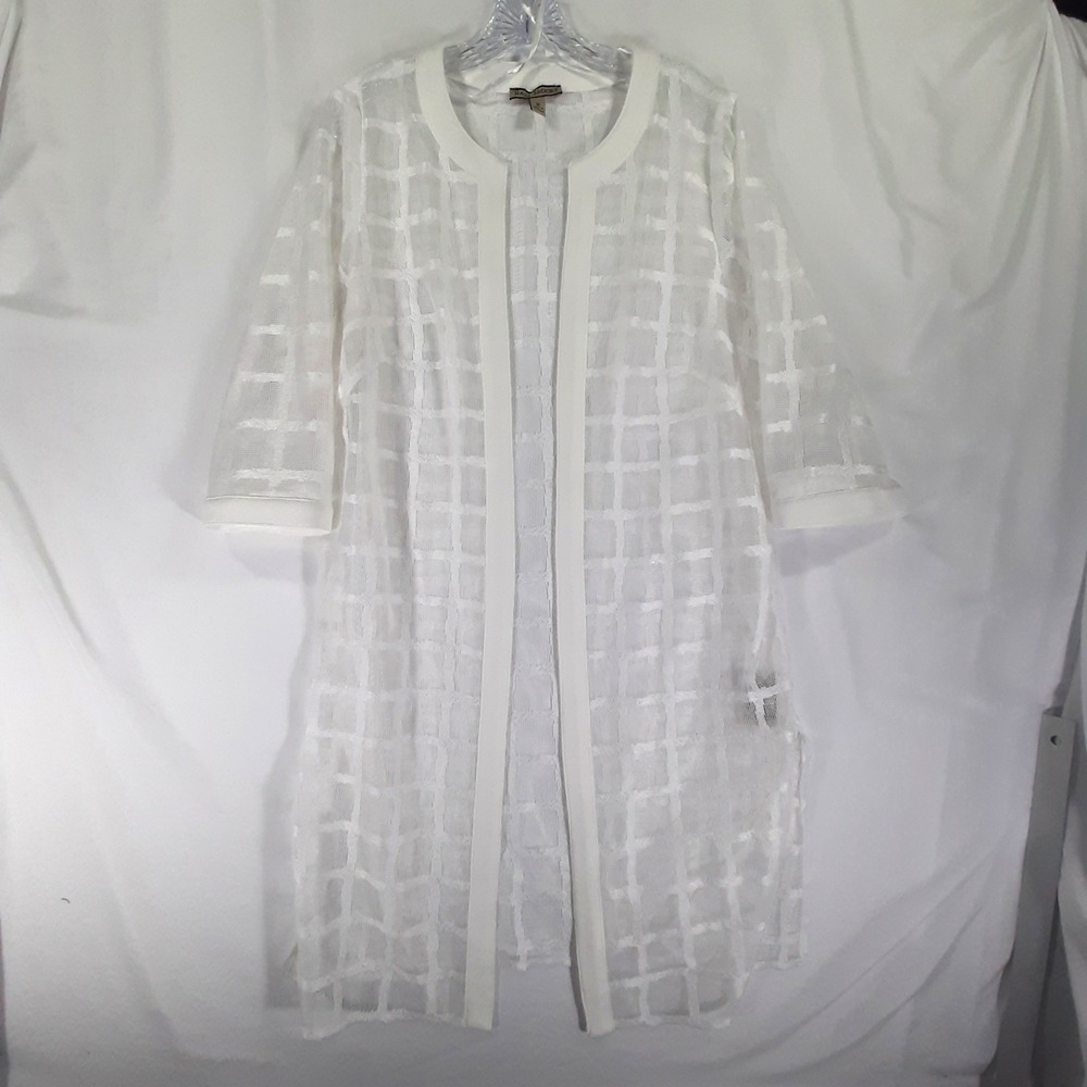 Maya Brooke Womens White Textured Mesh Grid Open Front Longline Cardigan 16